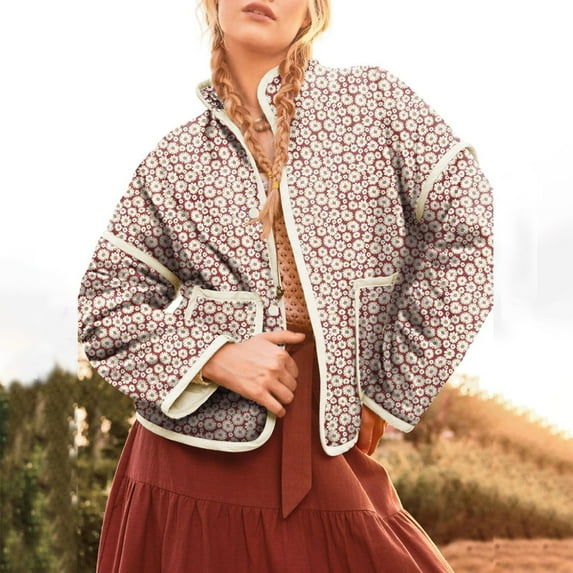 SNOWSONG Clearance! Quilted Jackets for Women, Warm Quilted Jacket for Women Ethnic Long Sleeve Floral Print Snap Button Coat with Pockets, Floral Jackets, Coats for Women Pink L