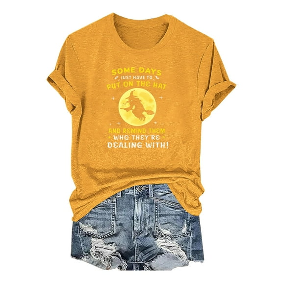 SNOWSONG Shirts for Women, Graphic Tees for Women Funny Halloween Print Short Sleeve Crew Neck T Shirts Cute Tops for Women Trendy, Halloween Tshirts, Plus Size Shirts Yellow XL