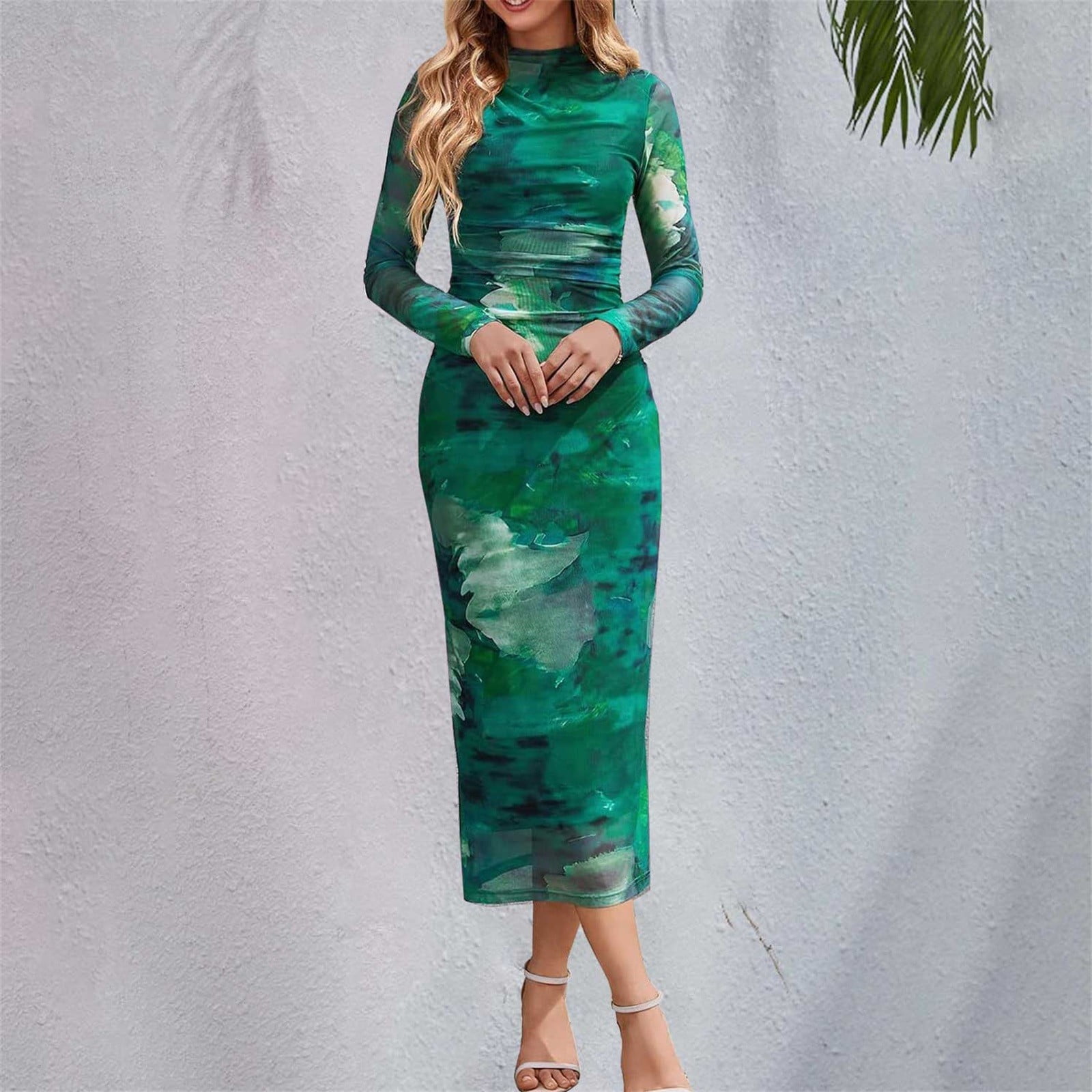 Pink Queen Women's 2025 Long Sleeve Bodycon Dress - Mesh Ruched Cocktail & Party Maxi Dress