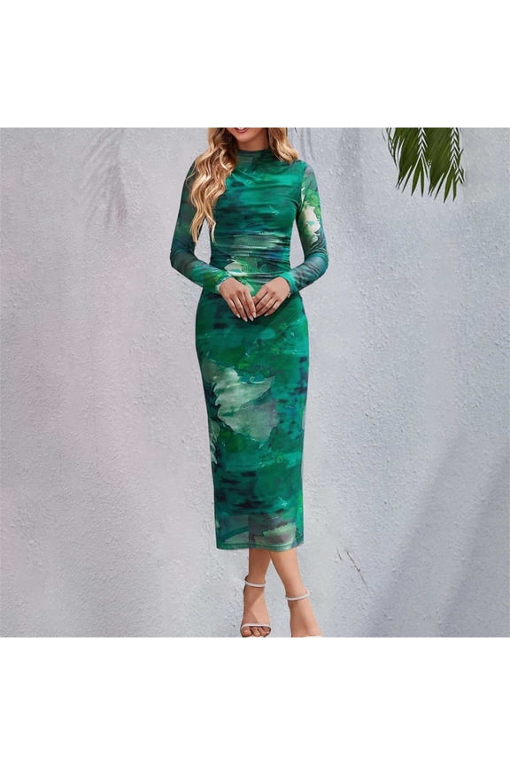 Women's Long Sleeve Tie Dye Dress Bodycon Mock Neck Mesh Ruched Maxi Dresses One Dress Green S
