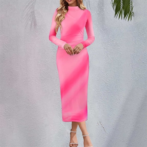 SNOWSONG Women's Long Sleeve Tie Dye Dress Bodycon Mock Neck Mesh Ruched Maxi Dresses One Dress Pink XL
