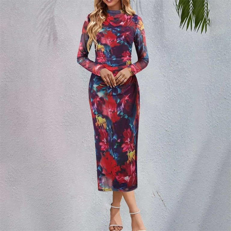 SNOWSONG Clearance! Women's Long Sleeve Tie Dye Dress Bodycon Mock