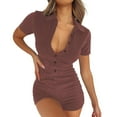 thumbnail image 1 of SNOWSONG Clearance! Womens Bodysuit, Womens Button Lapel Short Sleeve One-piece Shorts Sexy Slim Jumpsuit, Plus Size Bodysuit, Sexy One Piece Swimsuit, Shirts for Women 1PC Suit Brown 2XL, 1 of 6