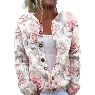 SNOWSONG Clearance! Womens Cardigan Sweaters Womens Single Plush Art Floral Print Comfortable Knitted Cardigan Womens Sweaters Cardigans for Women Christmas Cardigan Z-Hot Pink6 L
