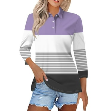 SNOWSONG Clearance! Womens Fall Fashion 2024, 3/4 Length Sleeve Womens Tops Women's 3/4 Sleeve Stand Collar Fall Stripe Printed Lapel Tie Button Down Breathable Top, Womens Tops Gray S