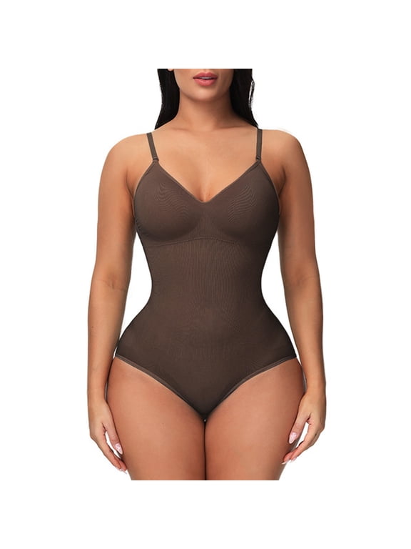 Corset Tops for Women, Bodysuit for Women Body Shaper Slim Deep V Bra Tummy Lifting Hip Shaping Underwear Stretch Body Corset, Plus Size Bodysuit, Shirts for Women 1PC Jumpsuit Coffee M