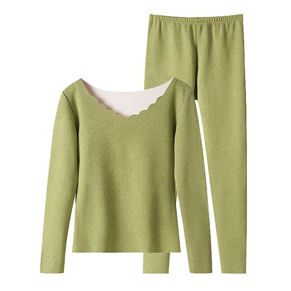 SNOWSONG Fleece Lined Leggings Women, Womens Padded Thickened Wool Thermal Underwear Set Long Sleeve Bottoms + Pants Two Piece Set, Winter Clothes for Women, Pajamas Set for Women Green 3XL