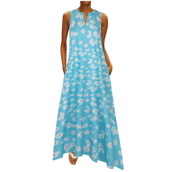 SNOWSONG Maxi Dresses for Women, Women Plus Size Print Daily Casual Sleeveless Vintage V Neck Maxi Dress, Boho Dress, Flowy Dresses for Women, Long Dresses 1PC Dress Sky Blue XL