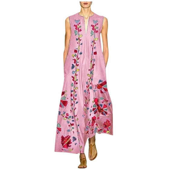 SNOWSONG Maxi Dresses for Women, Womens Maxi Sleeveless Vintage V Neck Dress Floral Plus Size Dress, Boho Dress, Flowy Dresses for Women, Long Dresses 1PC Dress Pink M