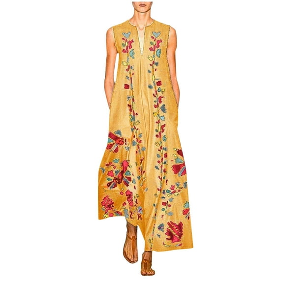 SNOWSONG Maxi Dresses for Women, Womens Maxi Sleeveless Vintage V Neck Dress Floral Plus Size Dress, Boho Dress, Flowy Dresses for Women, Long Dresses 1PC Dress Yellow L