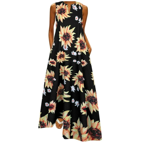 SNOWSONG Maxi Dresses for Women, Womens Maxi Sleeveless Vintage V Neck Dress Sunflower Plus Size Dress, Boho Dress, Flowy Dresses for Women, Long Dresses 1PC Dress Black XL