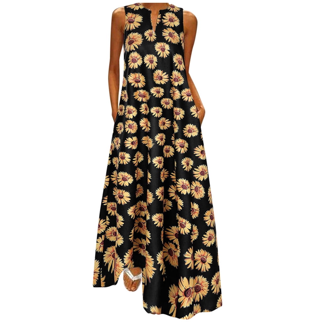 SNOWSONG Maxi Dresses for Women, Womens Maxi Sleeveless Vintage V Neck Dress  Sunflower Plus Size Dress, Boho Dress, Flowy Dresses for Women, Long Dresses  1PC Dress Black 4XL - Walmart.com