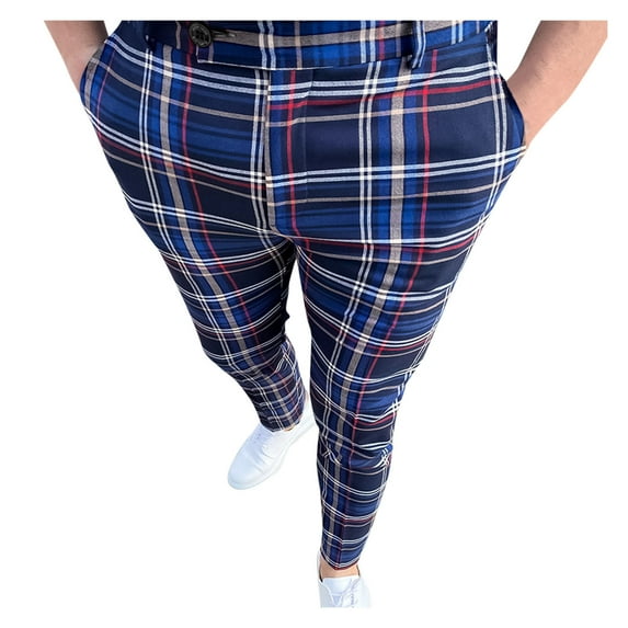 SNOWSONG Men's Pants, Mens Plaid Pencil Pants Zipper Elastic Waist Pants Trousers, Mens Casual Pants, Chino Pants Slim Fit, Slacks for Men 1PC Pants Navy 3XL