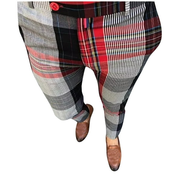 SNOWSONG Men's Pants, Mens Plaid Pencil Pants Zipper Elastic Waist Pants Trousers, Mens Casual Pants, Chino Pants Slim Fit, Slacks for Men 1PC Pants Red S