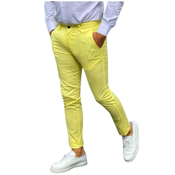 SNOWSONG Men's Pants, Mens Plaid Pencil Pants Zipper Elastic Waist Pants Trousers, Mens Casual Pants, Chino Pants Slim Fit, Slacks for Men 1PC Pants Yellow M
