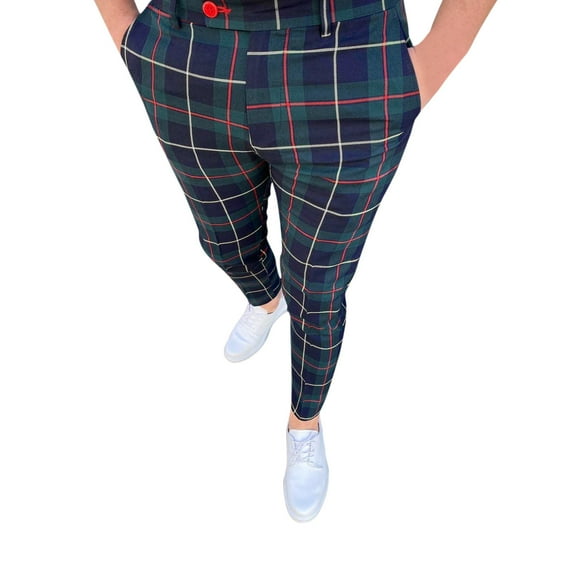 SNOWSONG Men's Pants, Mens Plaid Pencil Pants Zipper Elastic Waist Pants Trousers, Mens Casual Pants, Chino Pants Slim Fit, Slacks for Men 1PC Pants Green 2XL