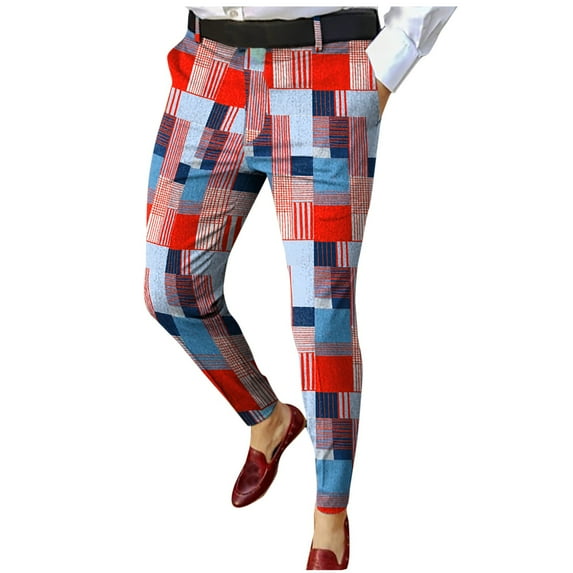 SNOWSONG Men's Pants, Mens Plaid Pencil Pants Zipper Elastic Waist Pants Trousers, Mens Casual Pants, Chino Pants Slim Fit, Slacks for Men 1PC Pants Red 3XL