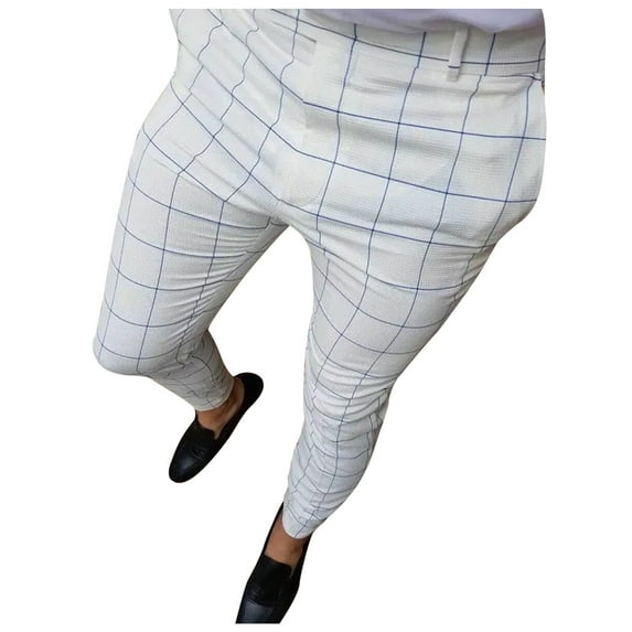 SNOWSONG Men's Pants, Mens Plaid Pencil Pants Zipper Elastic Waist Pants Trousers, Mens Casual Pants, Chino Pants Slim Fit, Slacks for Men 1PC Pants White 2XL