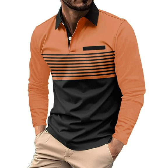 SNOWSONG Mens Long Sleeve Shirt Men's Fashion Spring & Autumn Casual Buttoned Long Sleeve Polo Shirt Tops, Polo Shirts for Men, Mens Tops, Button Down Shirt 1PC Shirt Orange M