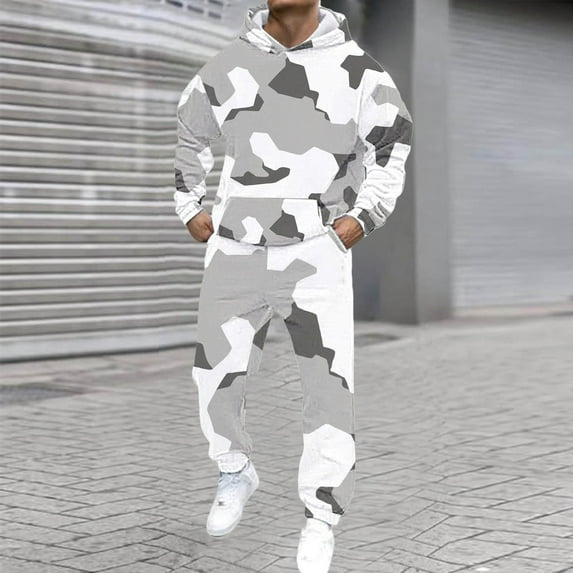 SNOWSONG Mens Sweatsuit, Men's Casual Fashion Loose 3D Camouflage Print Sweatshirt and Sweatpants Suit, Big and Tall Track Suits, Tracksuits for Men Set, Winter Sweatsuits White 2XL