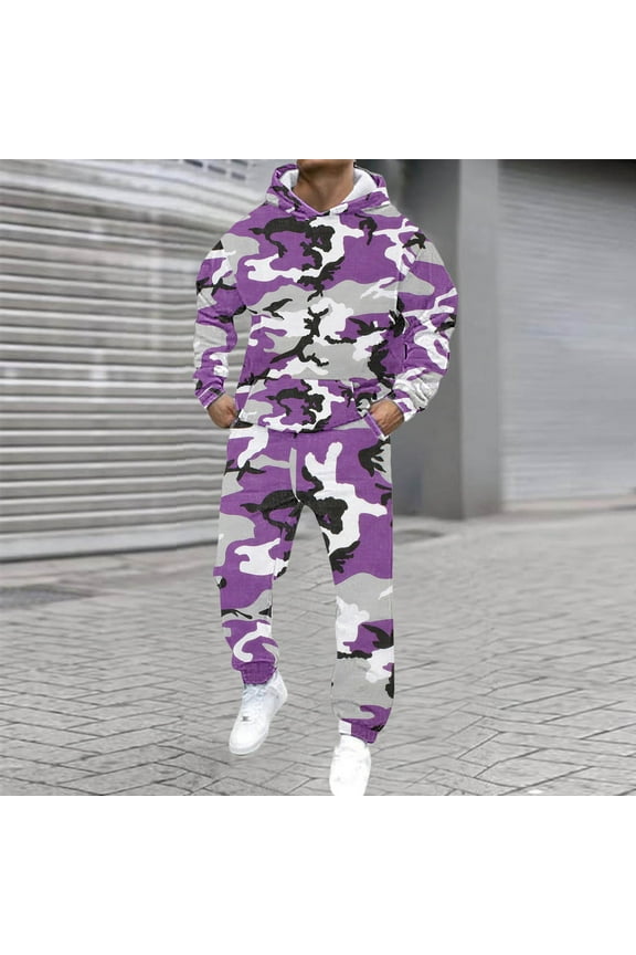 Mens Sweatsuit, Men's Casual Fashion Loose 3D Camouflage Print Sweatshirt and Sweatpants Suit, Big and Tall Track Suits, Tracksuits for Men Set, Winter Sweatsuits Purple 2XL