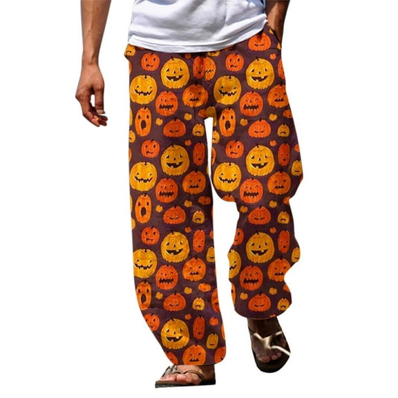 SNOWSONG Pants for Men, Halloween Pants Men's Casual Pants Halloween Pumpkinhead Beach Pants with Pockets, Baggy Pants Men, Halloween Pajamas F S