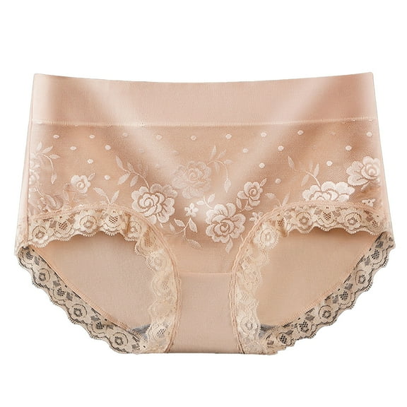 SNOWSONG Plus Size Panties Seamless Underwear Womens Mid-waisted Tummy Lace Panties Cotton Breathable Hipster Triangles Womens Underwear Cotton Panties for Women Beige L