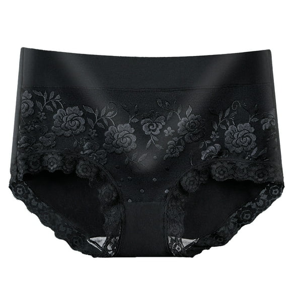 SNOWSONG Plus Size Panties Seamless Underwear Womens Mid-waisted Tummy Lace Panties Cotton Breathable Hipster Triangles Womens Underwear Cotton Panties for Women Black 2XL
