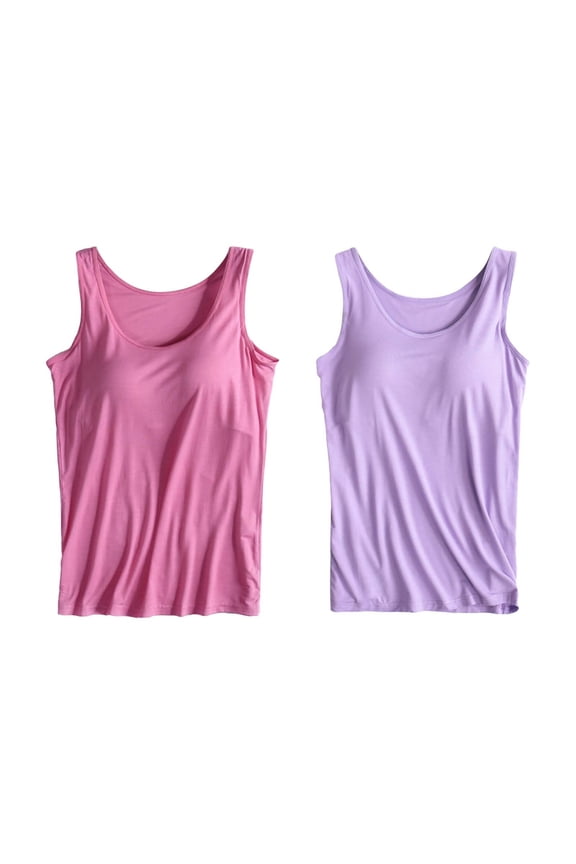 Shelf Bra Tank Tops for Women Women's Stretch Camisole with Chest Pad Vest Underwear, Camisoles with Built in Bra, Plus Size Camisoles, Tank Tops for Women 2Pcs Vest Purple 2XL