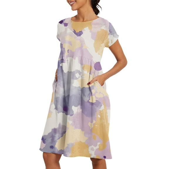 SNOWSONG Sundresses for Women 2024 2024 New Women's Round Neck Comfortable Cotton Short Sleeved Dress with Pocket, Boho Dresses, Casual Dresses, Maxi Dress for Women One Dress Purple M