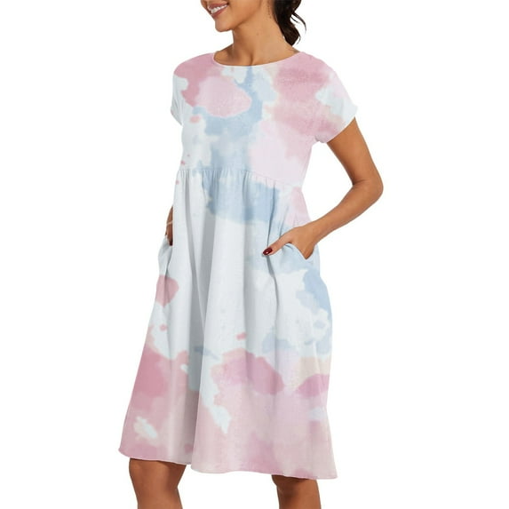 SNOWSONG Sundresses for Women 2024 2024 New Women's Round Neck Cotton Short Sleeved Dress with Pocket, Boho Dresses, Casual Dresses, Maxi Dress for Women One Dress Light Blue 3XL