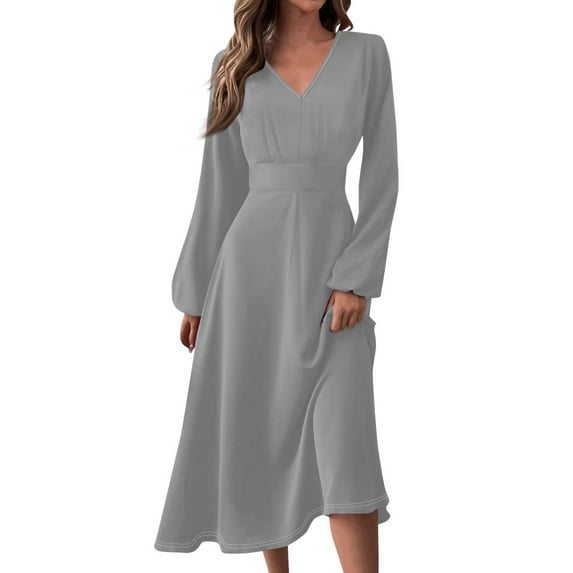 SNOWSONG Sundresses for Women 2024 Clearance! Women's 2024 Summer Autumn V-neck Long Sleeve Swinging Fashion Dress Long Dress, Boho Dresses, Casual Dresses, Maxi Dress for Women 1PC dress Dark Gray L