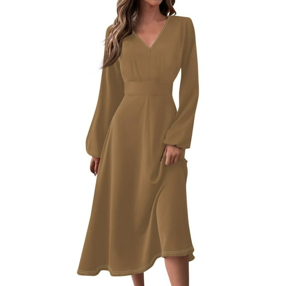 SNOWSONG Sundresses for Women 2024 Women's 2024 Summer Autumn V-neck Long Sleeve Swinging Fashion Dress Long Dress, Boho Dresses, Casual Dresses, Maxi Dress for Women 1PC dress Brown 2XL