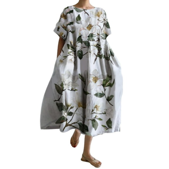 SNOWSONG Sundresses for Women 2024 Womens Plus Size Baggy Boho Floral Cotton Maxi Dresses Flowy Loose Long Dress, Boho Dresses, Casual Dresses, Maxi Dress for Women 1PC skirt White S