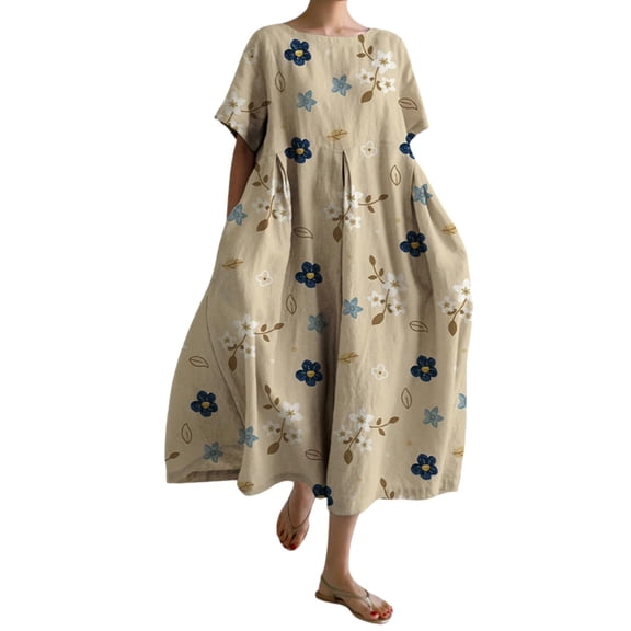 SNOWSONG Sundresses for Women 2024 Womens Plus Size Baggy Boho Floral Cotton Maxi Dresses Flowy Loose Long Dress, Boho Dresses, Casual Dresses, Maxi Dress for Women 1PC skirt Khaki 4XL