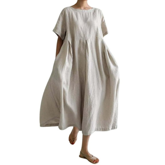 SNOWSONG Sundresses for Women 2024 Womens Plus Size Baggy Boho Floral Cotton Maxi Dresses Flowy Loose Long Dress, Boho Dresses, Casual Dresses, Maxi Dress for Women 1PC skirt Beige L