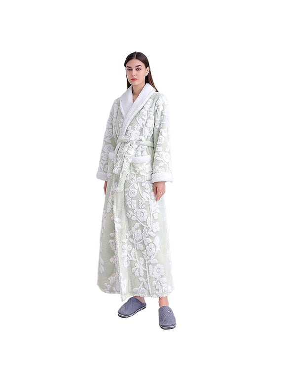 Women's Sherpa Fleece Chenille Robes Long Warm Plush Luxury Bathrobe Fuzzy Thicken Housecoat Jacquard Pattern 1PC Robe Mint Green XL
