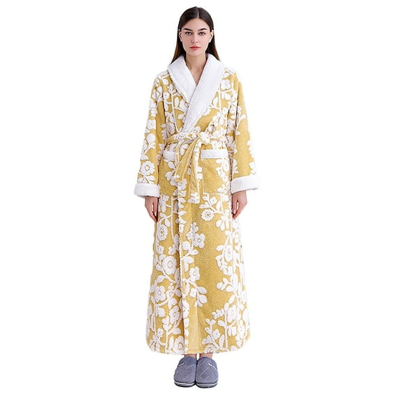SNOWSONG Women's Sherpa Fleece Chenille Robes Long Warm Plush Luxury Bathrobe Fuzzy Thicken Housecoat Jacquard Pattern 1PC Robe Yellow M