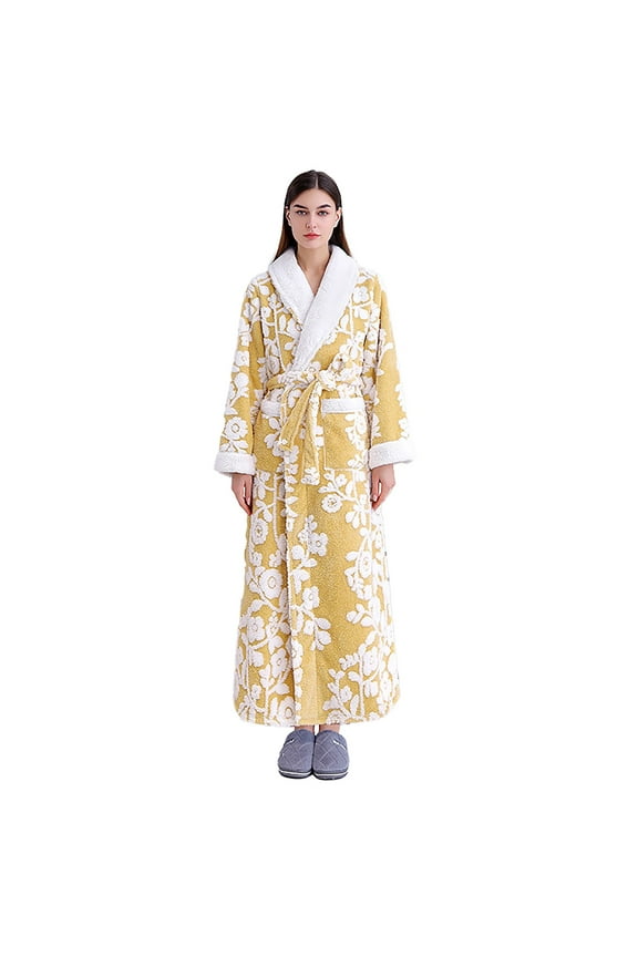Women's Sherpa Fleece Chenille Robes Long Warm Plush Luxury Bathrobe Fuzzy Thicken Housecoat Jacquard Pattern 1PC Robe Yellow XL