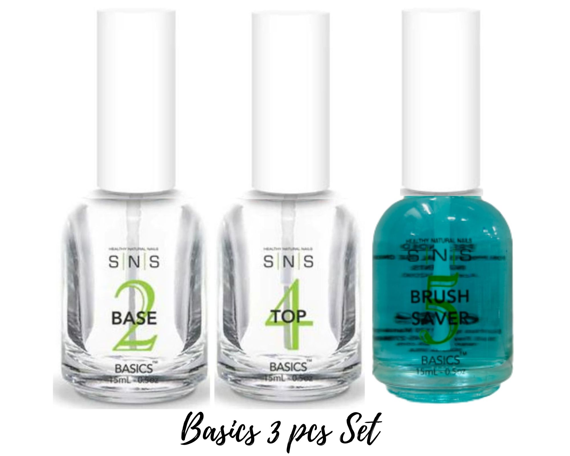 SNS Bases&Sealers - Basics 3 pcs Set - #2 Base Coat,#4 Top Coat, # 5 Brush Saver ( 0.5 each )