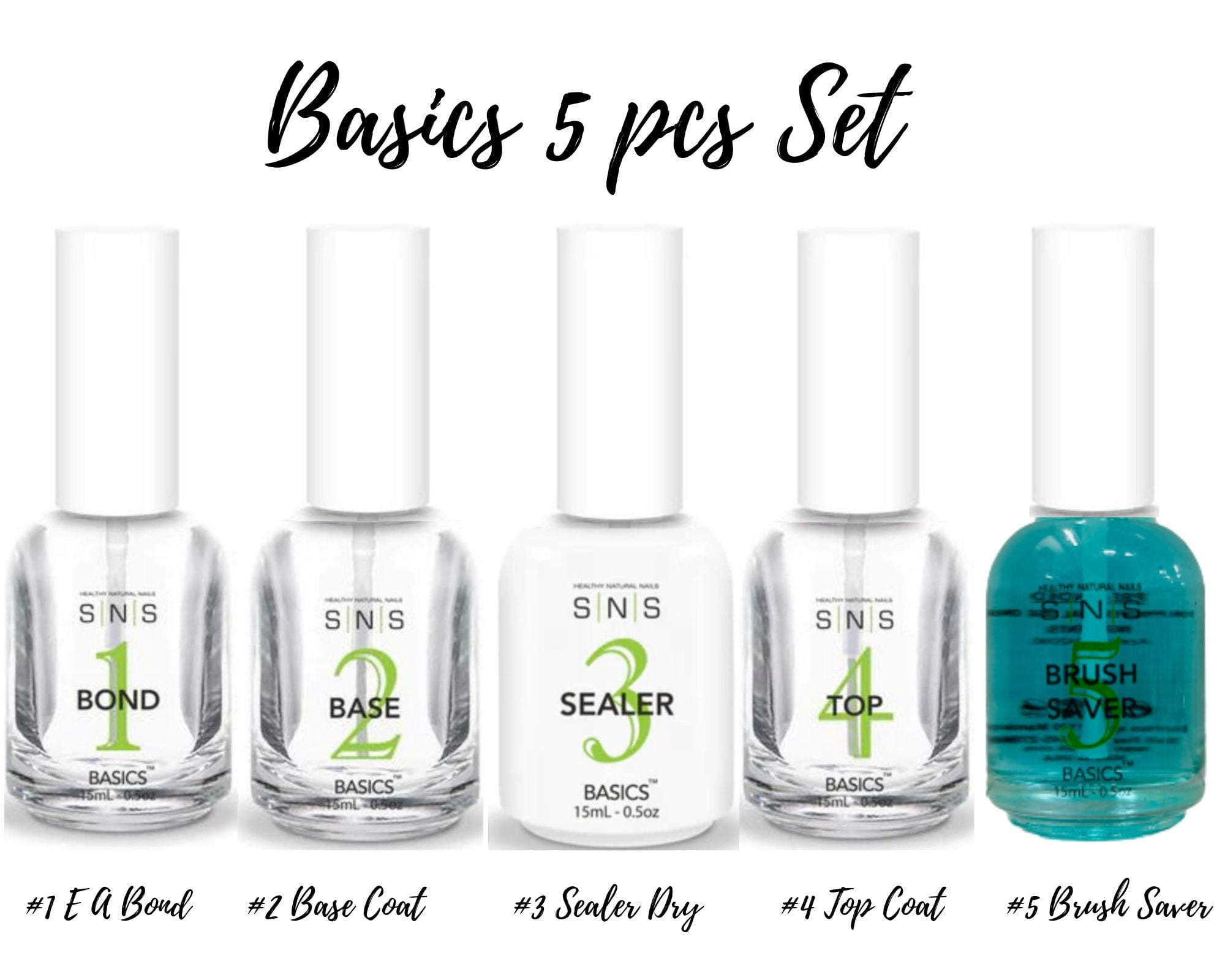 SNS Bases&Sealers - Basics 5 pcs Set - #1 E A Bond, #2 Base Coat , #3 Sealer Dry, #4 Top Coat, # 5 Brush Saver ( 0.5 each )