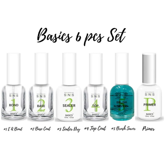 SNS Bases&Sealers - Basics 6 pcs Set - #1 E A Bond, #2 Base Coat , #3 Sealer Dry, #4 Top Coat, # 5 Brush Saver & Primer ( 0.5 each )