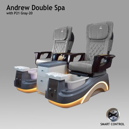 SNS Pedicure Spa Andrew Double Spa with P21 Gray, Matching Trolley and Pedicure Stool, LED Light, Remote Smart Button Control