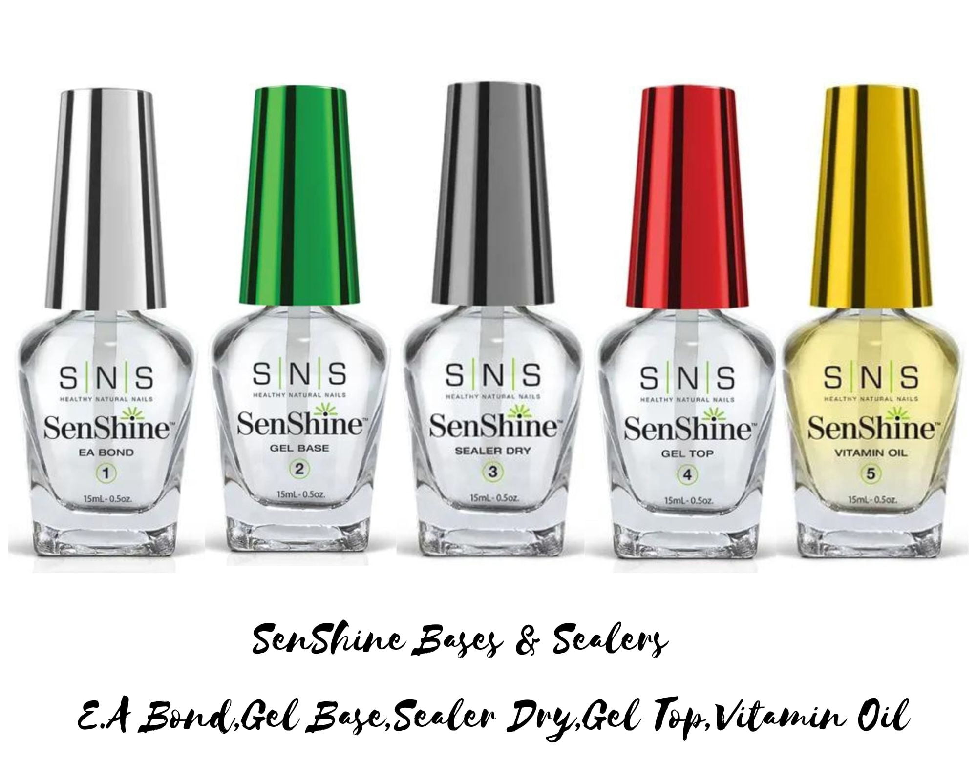 SNS SenShine Bases & Sealers - E.A Bond,Gel Base,Sealer Dry,Gel Top,Vitamin Oil ( 5 Bottle Set - 0.5 oz each )
