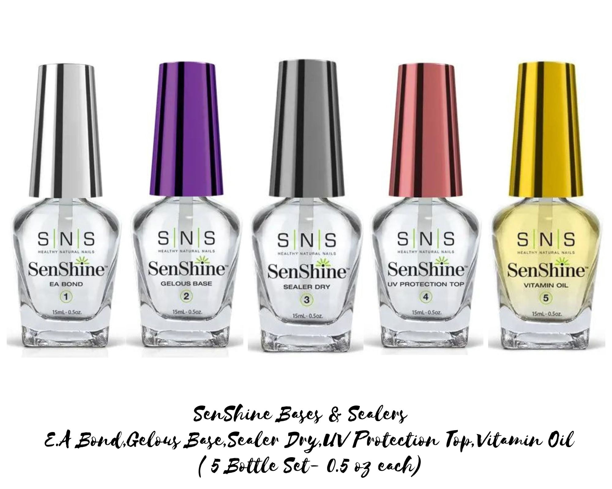 SNS SenShine Bases & Sealers - E.A Bond,Gelous Base,Sealer Dry,UV Protection Top,Vitamin Oil ( 5 Bottle Set - 0.5 oz each )