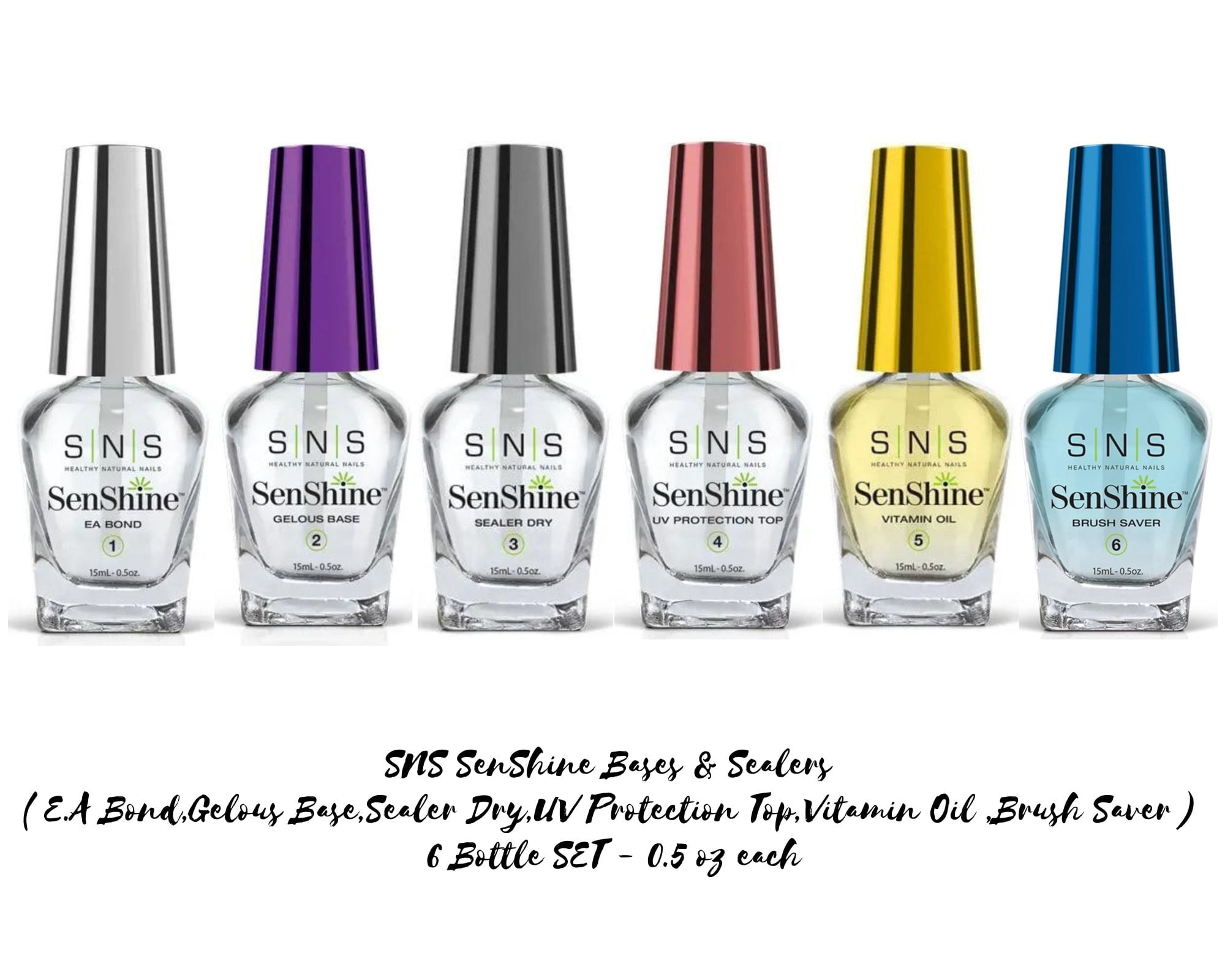 SNS SenShine Bases & Sealers ( E.A Bond,Gelous Base,Sealer Dry,UV Protection Top,Vitamin Oil ,Brush Saver ) - 6 Bottle SET - 0.5 oz each