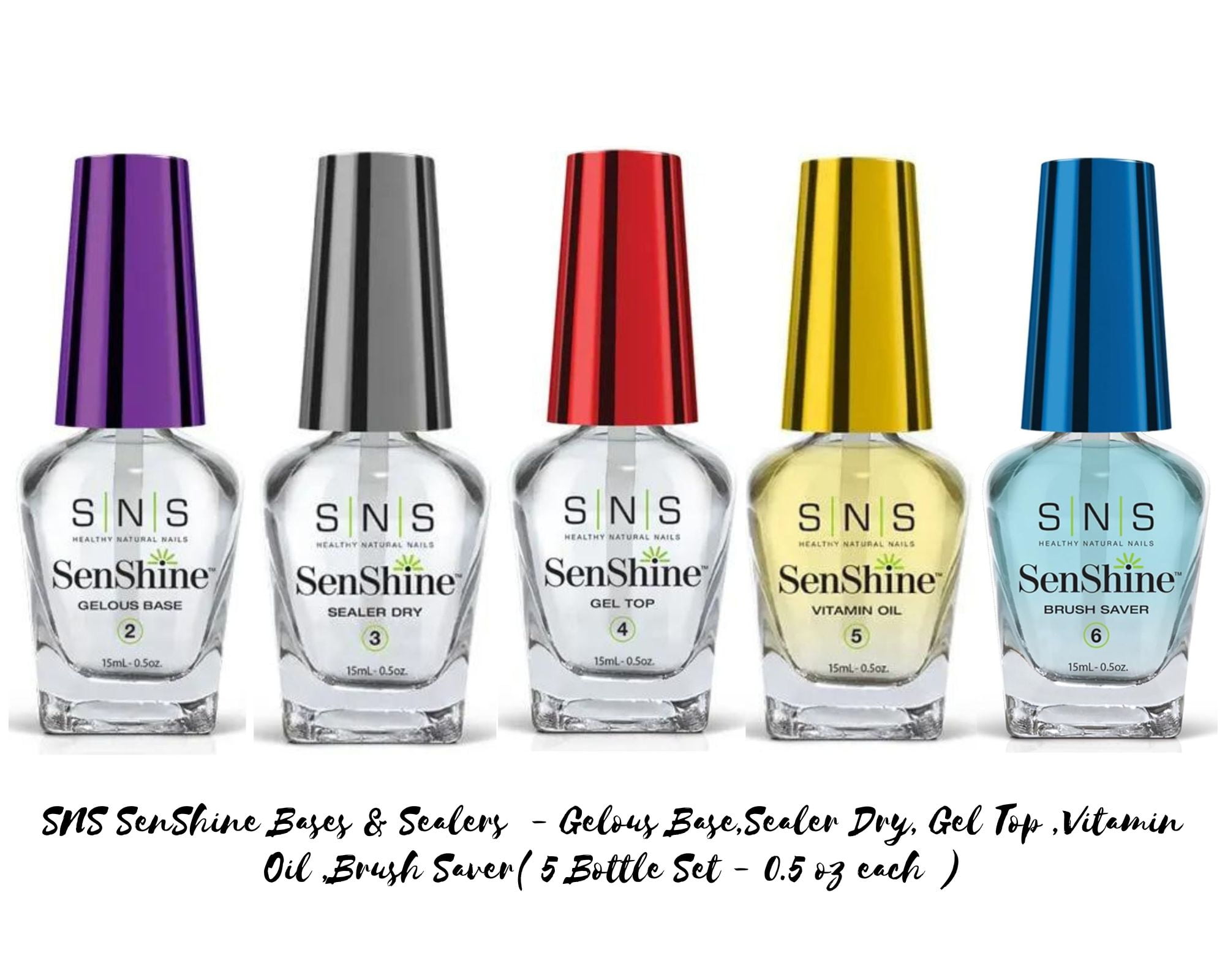 SNS SenShine Bases & Sealers - Gelous Base,Sealer Dry, Gel Top ,Vitamin Oil ,Brush Saver( 5 Bottle Set - 0.5 oz each )