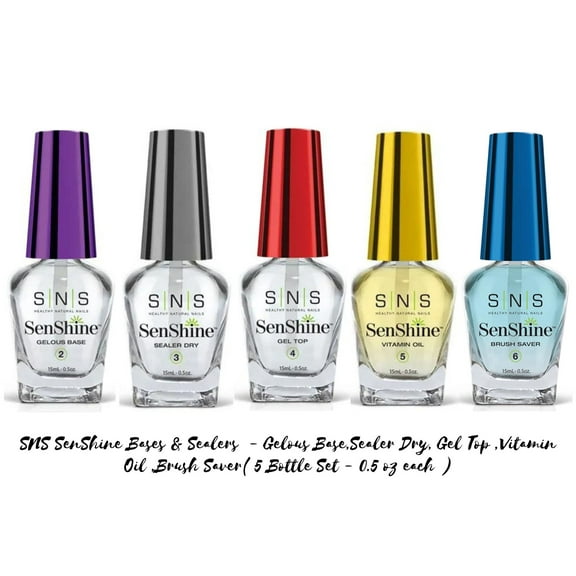 SNS SenShine Bases & Sealers - Gelous Base,Sealer Dry, Gel Top ,Vitamin Oil ,Brush Saver( 5 Bottle Set - 0.5 oz each )