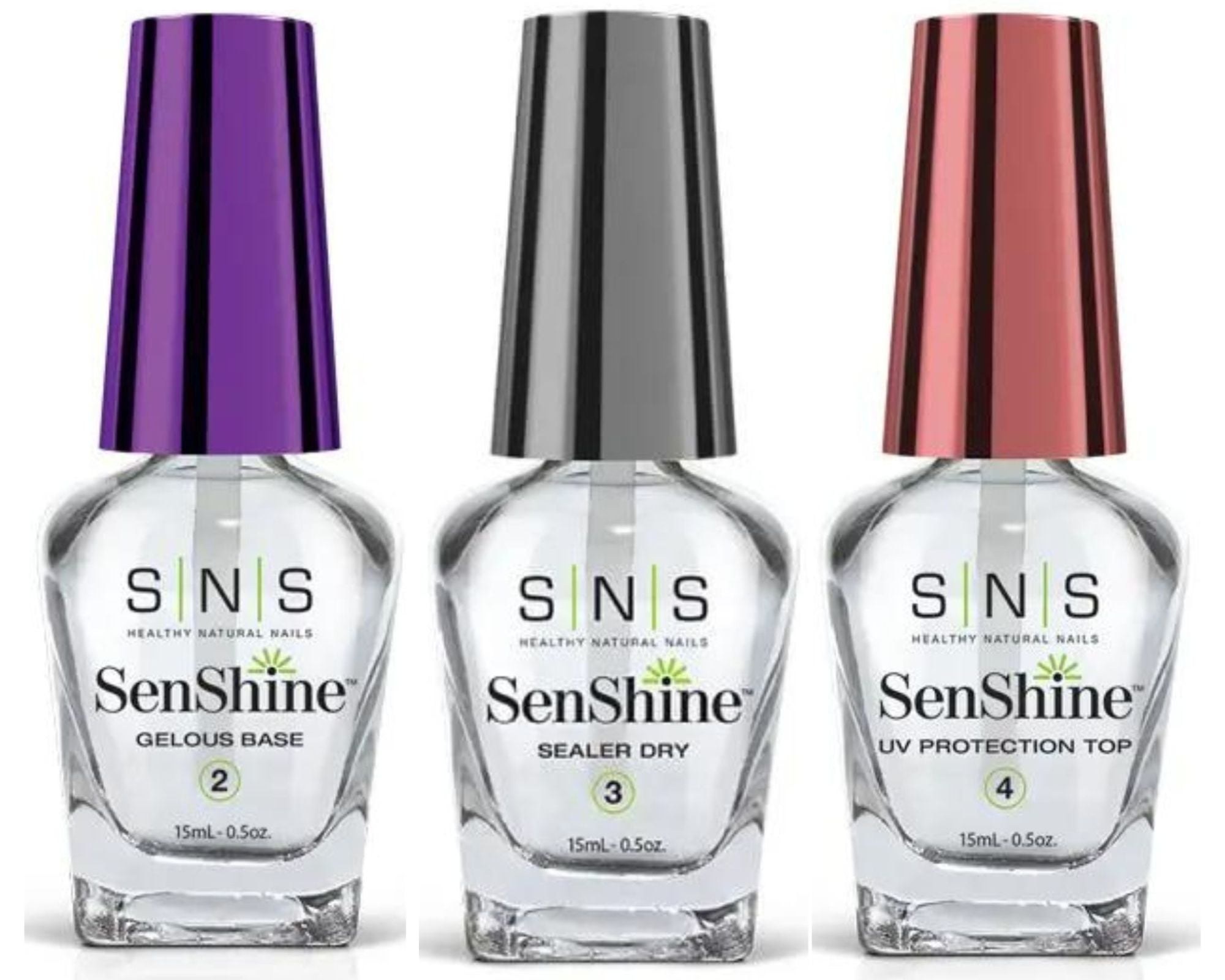SNS SenShine Bases & Sealers - Gelous Base, Sealer Dry, UV Protection Top ( 3 Bottle Set - 0.5 oz each )