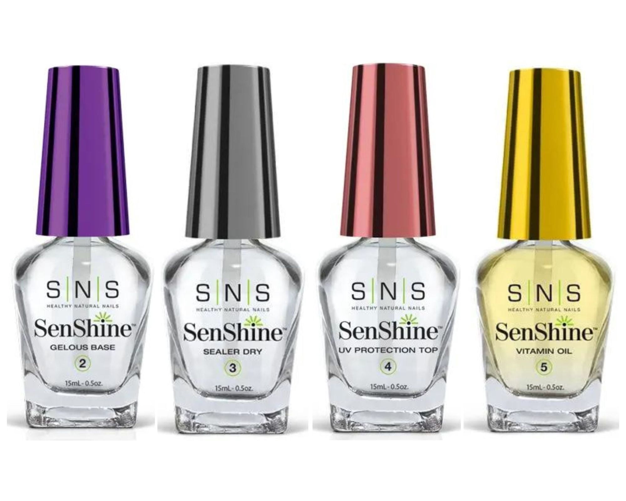 SNS SenShine Bases & Sealers - Gelous Base,Sealer Dry UV Protection Top ,Vitamin Oil ( 4 Bottle Set - 0.5 oz each )